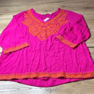 Women’s Soft Surroundings Fuchsia and Tangerine Embroidered Tunic Size Large